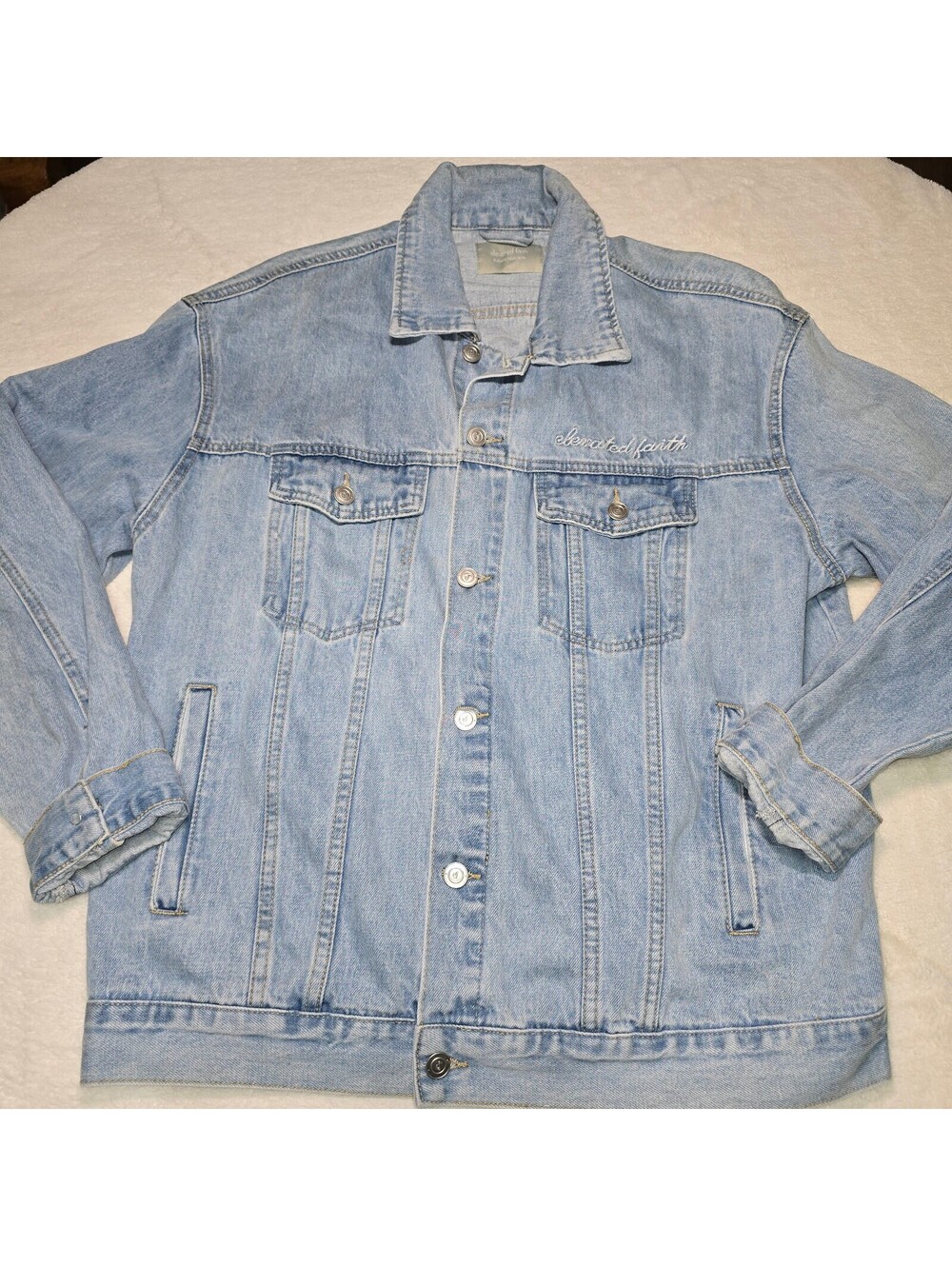 Elevated Faith What A Friend We Have In Jesus Denim Jacket Light Wash womens XL